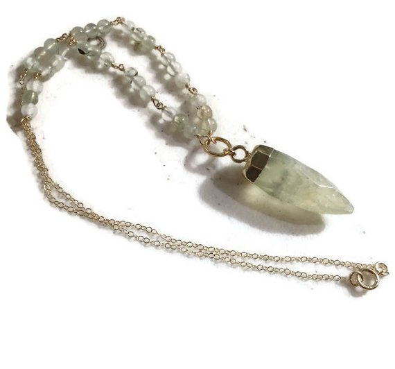 Prehnite Necklace - Green Gemstone Jewellery - Gold Chain Jewelry - Spike Pendant