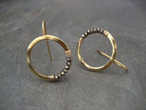 Pyrite Hoops, Gold Hoops, Faceted Pyrite, Crescent Earrings, Pyrite Earrings, Moon Earrings, Beaded Hoops, Sparkly Hoops, Circle Earrings