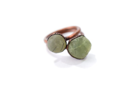Raw Prehnite Ring | Prehnite Crystal Ring | Prehnite And Copper Ring | Real Prehnite Fashion Jewelry | Raw Crystal Statement Ring
