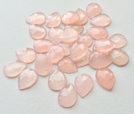 10x12mm Rose Chalcedony Rose Cut Pear Cabochon, Pink Faceted Flat Back Cabochons, Light Pink Chalcedony For Jewelry (5pcs To 10pcs Options)