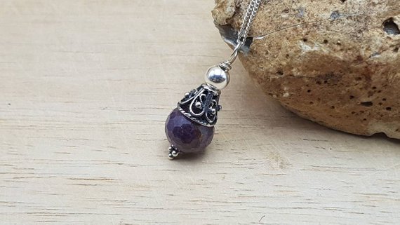 Ruby Cone Pendant. Bali Silver Beads. Reiki Jewelry. July Birthstone. 40th Anniversary Gemstone. Necklaces For Women.  Empowered Crystals