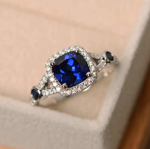 Sapphire Engagement Ring, Cushion Cut, Blue Sapphire Ring, Blue Gemstone Ring Silver