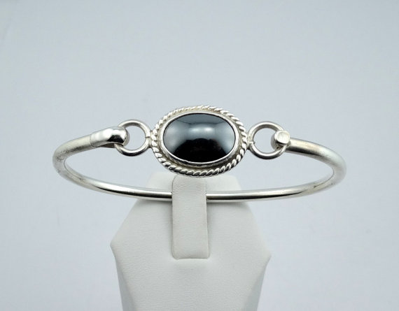 Simple Sterling Silver And Hematite Cabochon Latch Bangle Bracelet Free Shipping! #hematite-bb2