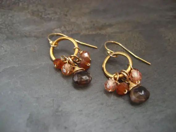 Petite Hoop Earrings With Smokey Quartz, Hessonite And Champagne Cz -  Vermeil And Gold Filled