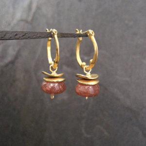 Sunstone dangle earrings, huggie hoops with rusty orange gemstone drops, dotted small hoops, satin gold finish | Natural genuine Gemstone jewelry. Buy crystal jewelry, handmade handcrafted artisan jewelry for women.  Unique handmade gift ideas. #jewelry #beadedjewelry #beadedjewelry #gift #shopping #handmadejewelry #fashion #style #product #jewelry #affiliate #ad