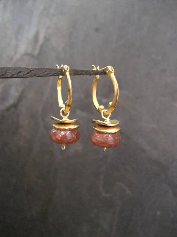 Sunstone Dangle Earrings, Huggie Hoops With Rusty Orange Gemstone Drops, Dotted Small Hoops, Satin Gold Finish