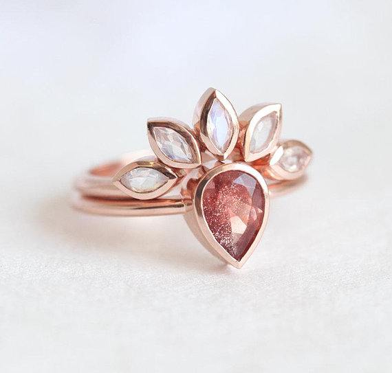 Sunstone Ring Set, Oregon Sunstone Engagement Ring, Moonstone Wedding Band, Rose Gold Pear Ring Set