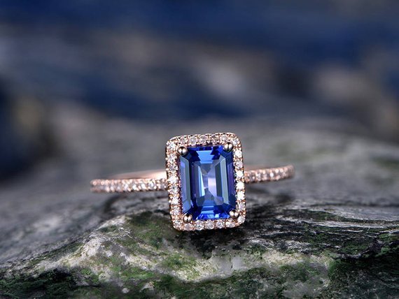 5x7mm Blue Tanzanite Wddding Ring-solid 14k Rose Gold Ring-handmade Diamond Engagement Ring-emerald Cut Gemstone Promise Ring,custom Ring