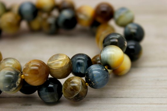Natural Tiger's Eye, High Quality Blue Gold Tiger's Eye Round Smooth Loose Gemstone Beads (6mm, 8mm, 10mm) - Rn12