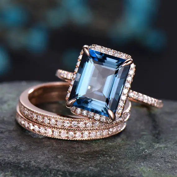 3pcs Emerald Cut London Blue Topaz Engagement Ring 14k Rose Gold Topaz Wedding Bridal Set Diamond Halo Engagement November Birthstone Ring