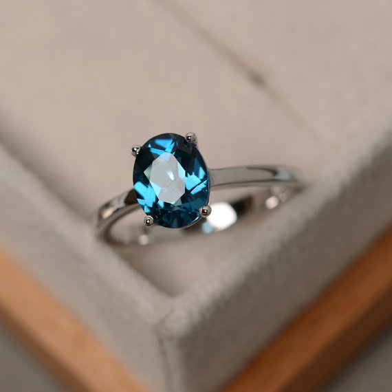 London Blue Topaz Ring, Gemstone Ring Sterling Silver, Anniversary Ring, Solitaire Ring