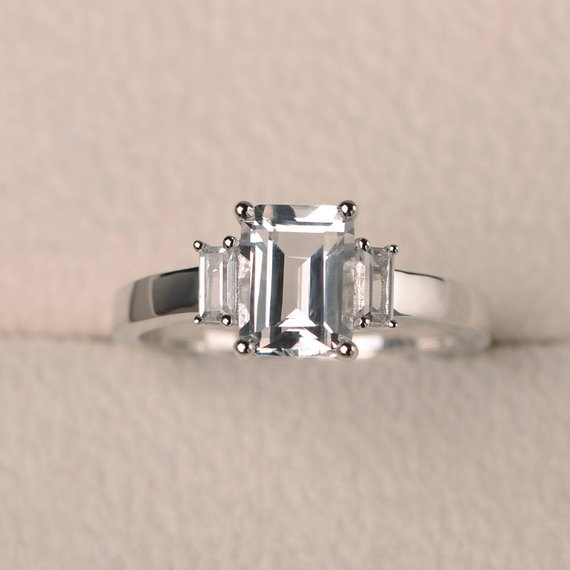 Natural White Topaz Ring, Promise Ring, Emerald Cut Gemstone, Sterling Silver Ring