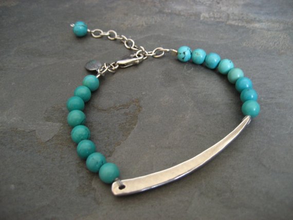 Assymetrical Bar Bracelet With Turquoise - Solid Heavy Sterling Silver