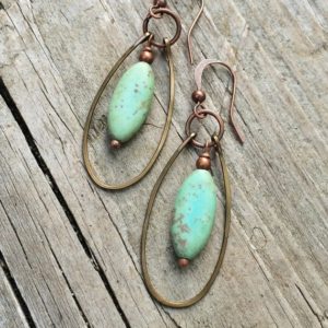Shop Gemstone & Crystal Earrings! Turquoise Hoop Earrings, Copper Hoop Earrings, Green Turquoise Jewelry, Copper Jewelry, Copper Earrings, Boho Earrings, Boho Jewelry | Natural genuine Gemstone earrings. Buy crystal jewelry, handmade handcrafted artisan jewelry for women.  Unique handmade gift ideas. #jewelry #beadedearrings #beadedjewelry #gift #shopping #handmadejewelry #fashion #style #product #earrings #affiliate #ad