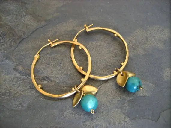 Gold Hoop Earrings With Turquoise Beads And Leaves Dangles, Round Dotted Circle In Gold Satin Finish, Medium Sized