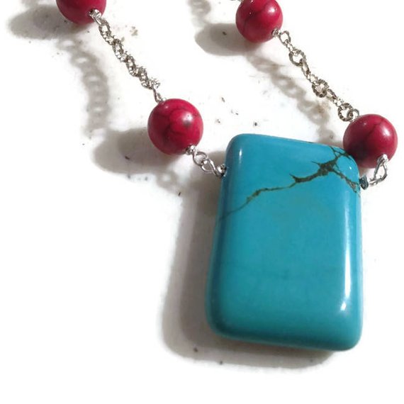 Red Necklace - Turquoise Jewelry - Gemstone Jewellery - Sterling Silver Chain - Pendant - Fashion
