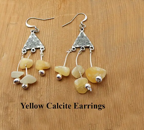 Yellow Calcite Earrings.  Yellow Calcite Chips Hung From A Silver Triangle. Drop Earrings.  Gift For Her.  Birthday Gift.  Friendship Gift.
