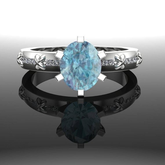 Blue Zircon Ring With Diamonds In 14k Gold | Crisscross-textured Band | Usa Custom Made | "antigua"
