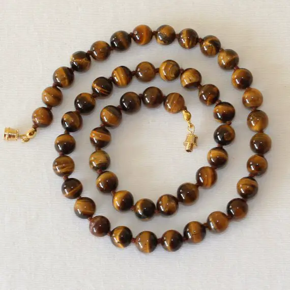 8mm Tiger Eye Necklace - Various Length Options Hand Knotted. Brown Tiger Eye / Tiger's Eye Stone. Therapeutic. Mapenzigems