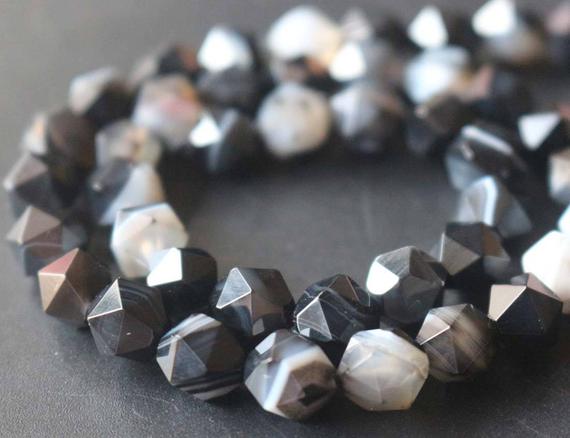 Natural Faceted Black Sardonyx Star Cut Nugget Beads,6mm/8mm/10mm/12mm Striped Agate Beads Supply,15 Inches One Starand