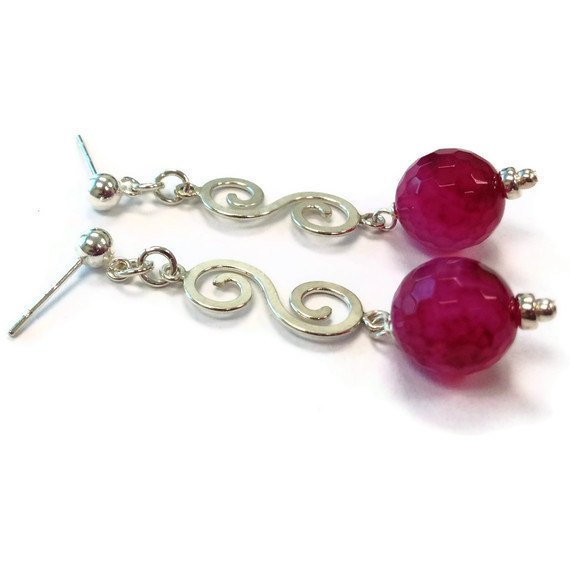 Pink Earrings Sterling Silver Jewelry Agate Gemstone Jewellery Dangle 925 Unique Magenta Hot Pink Neon Swirl Er-146