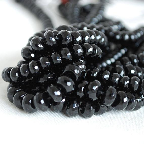 Black Agate Semi-precious Gemstone Faceted Rondelle Spacer Beads - 4mm, 6mm, 8mm, 10mm Sizes - 15" Strand