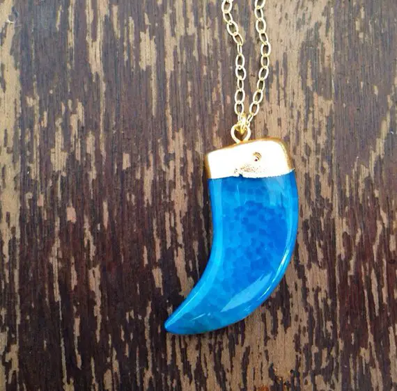 Blue Necklace - Horn Jewellery - Blue Agate Gemstone Jewelry - Gold Chain - Long Necklace - Tusk