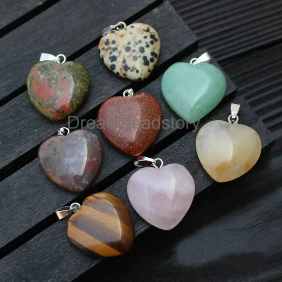 2-100 Pcs Natural Gemstone Heart Pendants Rose Quartz/ Aventurine/ Tiger Eye/ Agate/ Jade Charm Pendants For Jewelry Making (20mm)