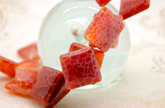 Fire Agate Beads, Natural Red Fire Agate Smooth Faceted Flat Square Gemstone Beads - Pg190