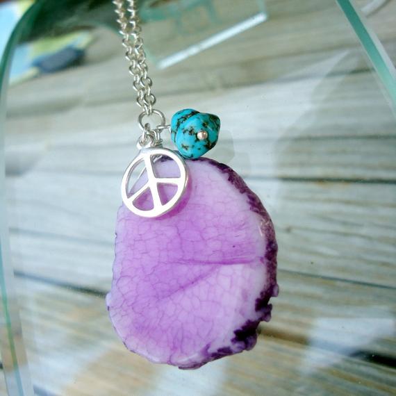 Peace Sign Necklace - Purple Agate Jewelry - Gemstone Jewellery - Slice Slab Turquoise Nugget Sterling Silver Link Chain Pendant Charm Tbm