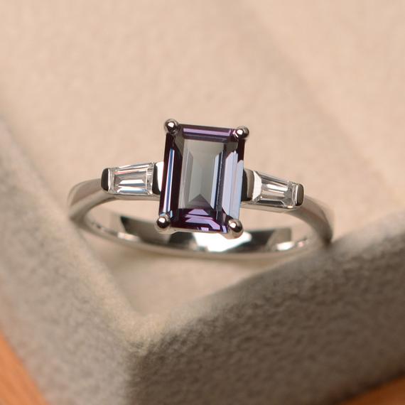 Lab Alexandrite Ring, Wedding Ring, Emerald Cut ,color Changing Gemstone, Sterling Silver, June Birthstone