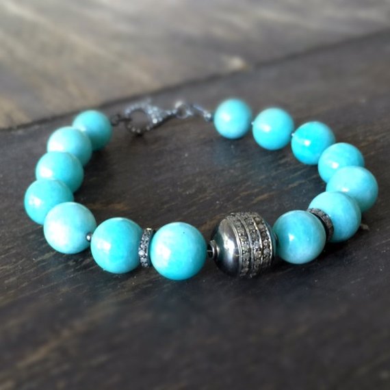 Amazonite Bracelet - Blue Jewelry - Pave Diamonds - Oxidized Sterling Silver Jewellery - Gemstone - Beaded - Luxe - Couture