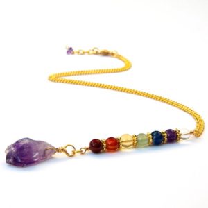 Shop Amethyst Necklaces! Chakra necklace with raw Amethyst focal | Natural genuine Amethyst necklaces. Buy crystal jewelry, handmade handcrafted artisan jewelry for women.  Unique handmade gift ideas. #jewelry #beadednecklaces #beadedjewelry #gift #shopping #handmadejewelry #fashion #style #product #necklaces #affiliate #ad