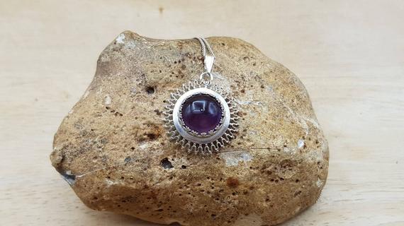 Amethyst Sun Pendant. 925 Sterling Silver. February Birthstone. Purple Gemstone Pendant. Reiki Jewelry Uk. 12mm Stone