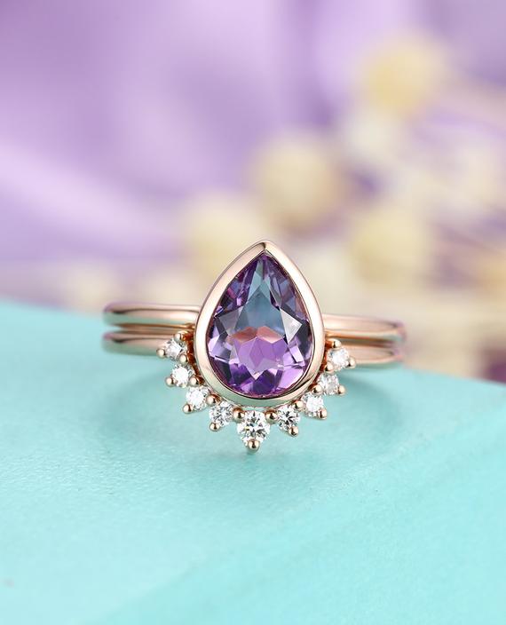 Amethyst Moonstone Opal London Blue Topaz Engagement Ring Set Vintage Pear Shaped Rose Gold Wedding Band Bridal Ring Anniversary Ring Set