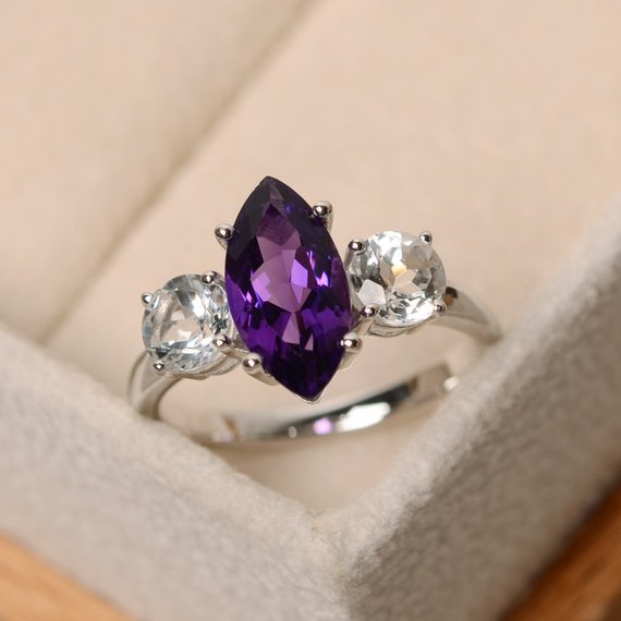 Amethyst Ring, Marquise Cut Amethyst , Engagement Ring, Purple Amethyst, Three Stone Ring
