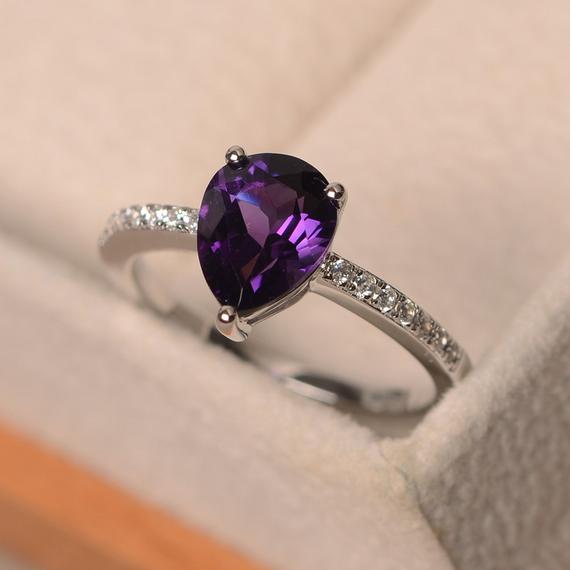 Natural Amethyst Ring, Pear Cut Purple Gemstone, Sterling Silver, February Birthstone, Engagement Ring For Women