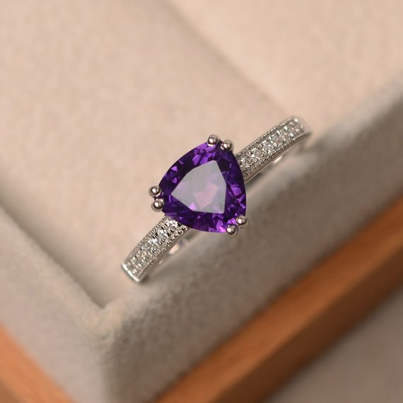 Natural Amethyst Ring, Trillion Cut Ring, Purple Amethyst Ring, Engagement Ring