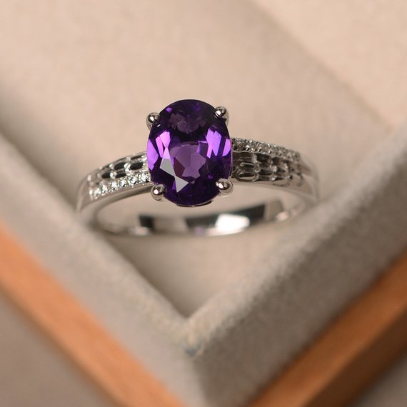 Purple Amethyst Ring, Engagement Ring, February Birthstone, Oval Cut, Sterling Silver, Bridal Ring