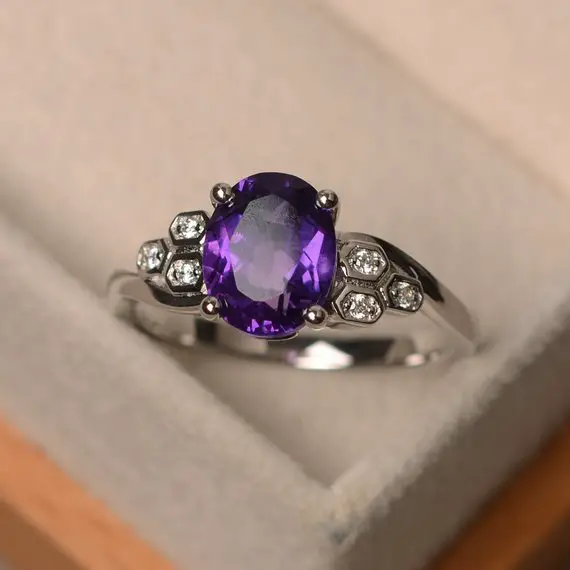 Purple Amethyst Ring, February Birthstone, Oval Cut, Sterling Silver, Engagement Ring For Women