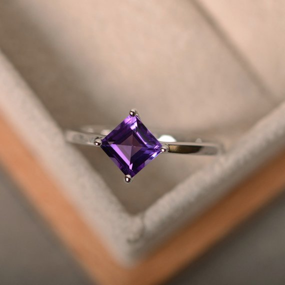 Amethyst Ring, Purple Gemstone, Sterling Silver, Square Amethyst, Solitaire Ring