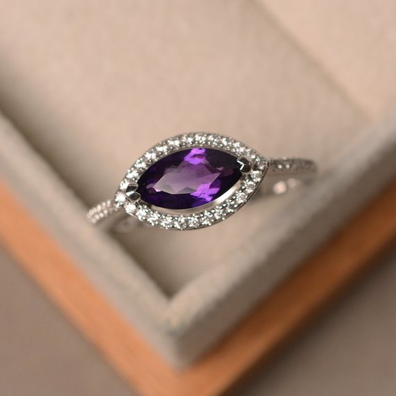 Purple Amethyst Ring, Marquise Cut, Engagement, Silver, February Birthstone, Halo Ring