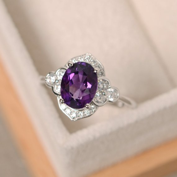 Purple Amethyst Ring, Sterling Silver, Oval Cut Engagement Ring