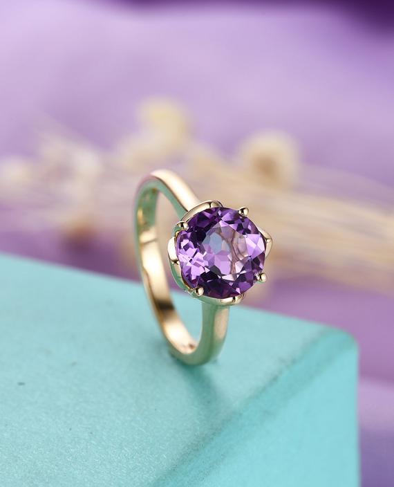 Vintage Amethyst Engagement Ring Rose Gold Wedding Antique Art Deco Wedding Solitaire 8mm Bridal Matching Promise Anniversary Ring