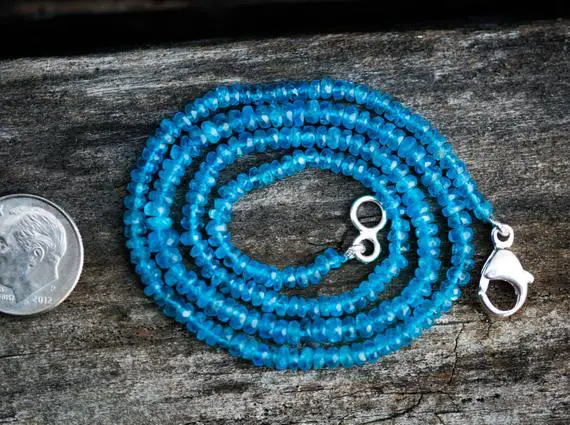 Bright Blue Apatite Necklace - Super Bright Blue Apatite Graduated Rondelle 3-6mm Bead Necklace  - Blue Apatite Necklace - Apatite Necklace