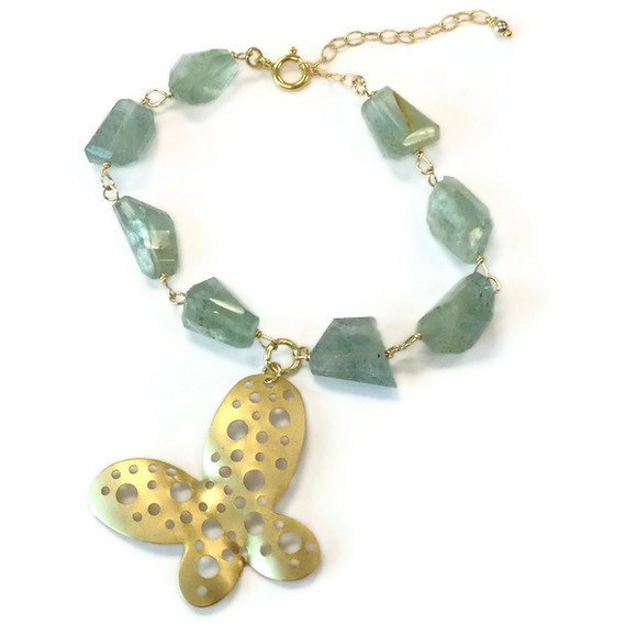 Aquamarine Bracelet - March Birthstone Jewellery - Gift - Butterfly Charm - Gold Jewelry - Gemstone - Extender Chain B-171