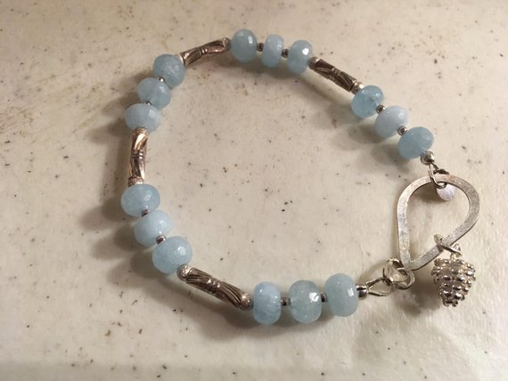 Aquamarine Bracelet - March Birthstone - Sterling Silver Jewelry - Blue Gemstone Jewellery - Pine Cone Charm - Luxe - Fashion