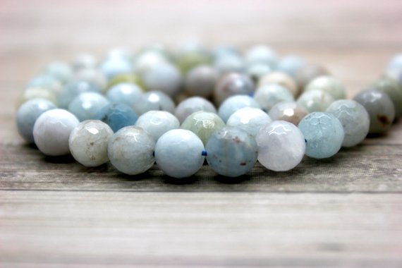 Natural Aquamarine, Blue Aquamarine Faceted Round Sphere Ball Loose Gemstone Beads (5mm 6mm 8mm 10mm 12mm 14mm 16mm) - Pg43