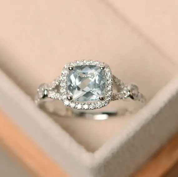 Aquamarine Ring, Cushion Cut, Engagement Ring, Wedding Ring, Anniversary Ring, March Birthstone
