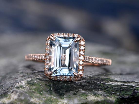 Emerald Cut Aquamarine Engagement Ring Solid 14k Rose Gold Custom Half Eternity Diamond Ring 6x8mm Gemstone Promise Ring For Her Antique